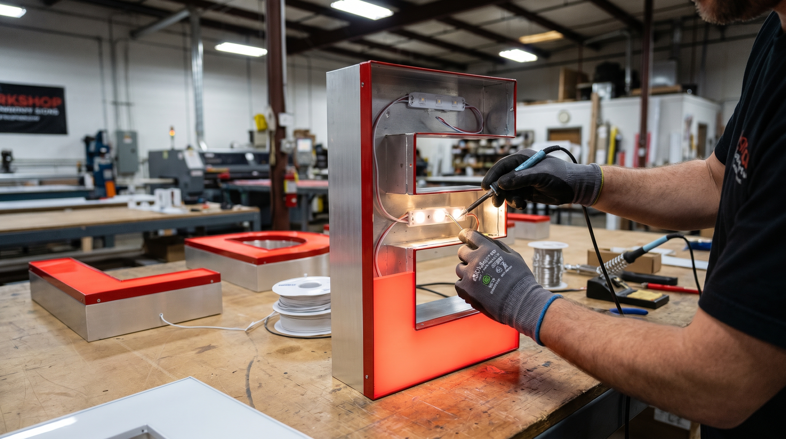 A technician wiring LED modules inside an aluminum channel letter on a sign shop workbench