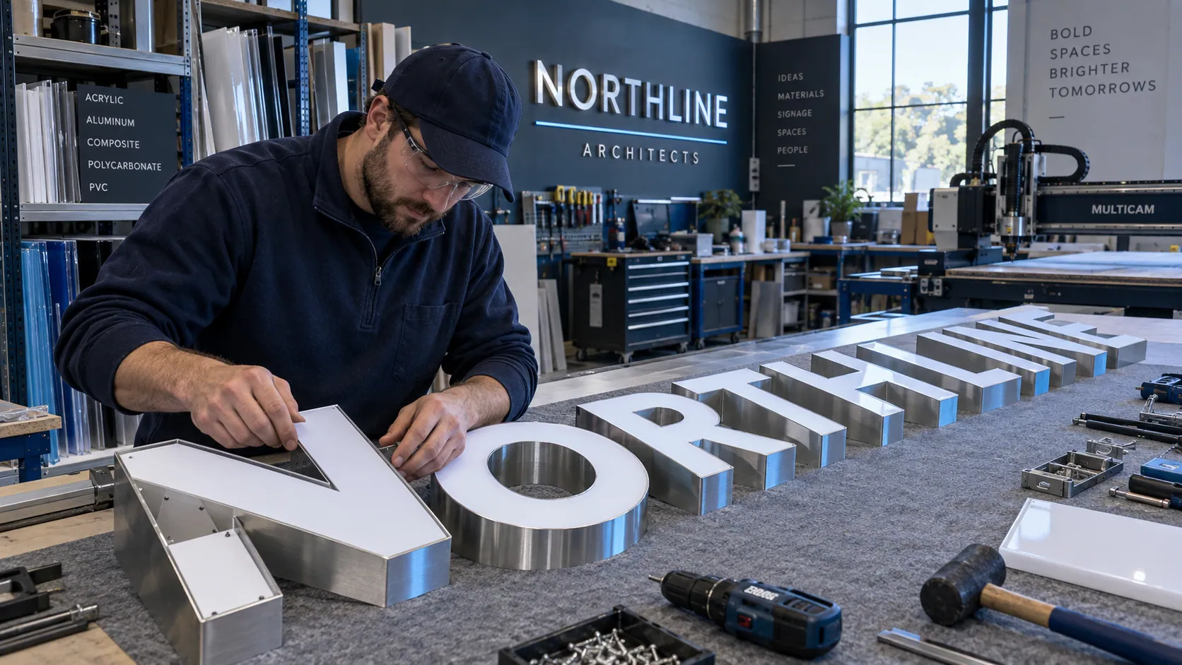 Illustrative dimensional sign fabrication with a Cedar Street Cafe channel-letter plan.