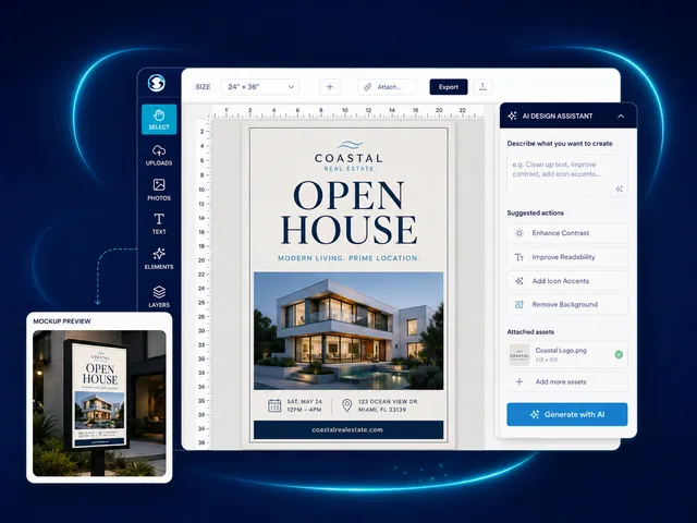 Meet Signexa AI Design Studio showing artwork editing, AI design assistance, attached assets, and mockup preview.