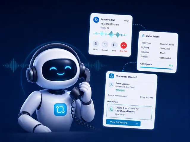 Meet Signexa AI Voice Agent showing an incoming call, caller intent, customer record, and next action.