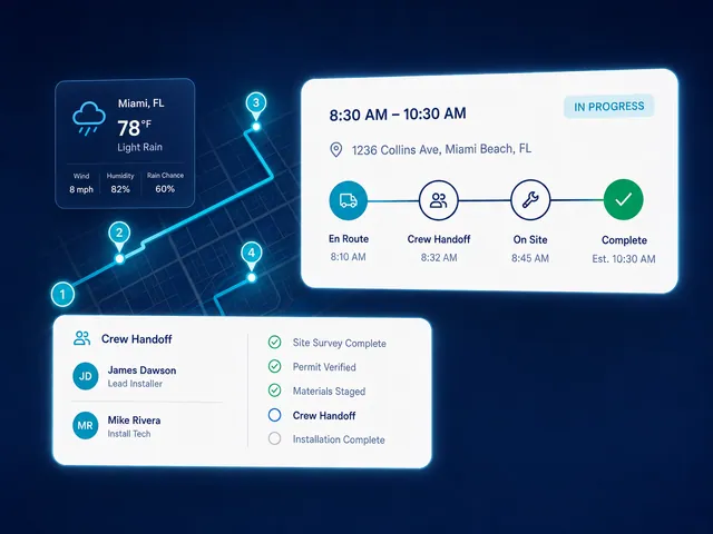 Meet Signexa Installation System showing route, weather, crew handoff, site progress, and completion.