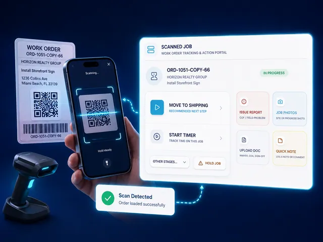Meet Signexa Job Scanner showing a scanned work order, production status, next action, issue report, job photos, and notes.
