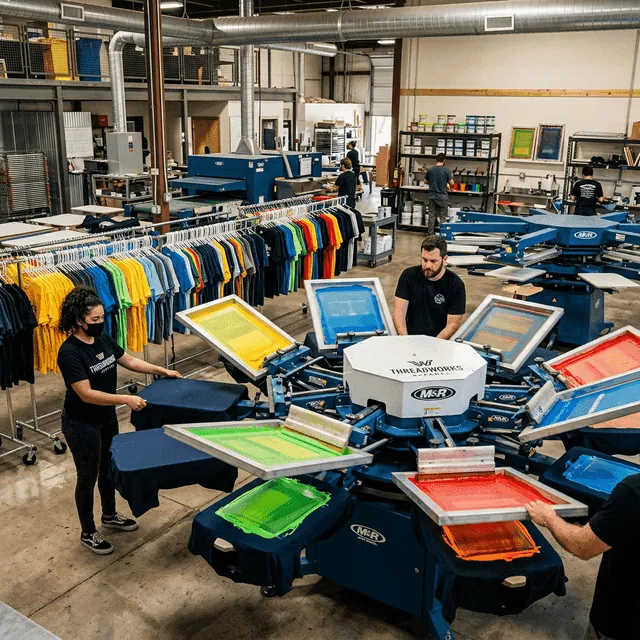 Illustrative screen-printing production scene with apparel blanks and a print workstation.