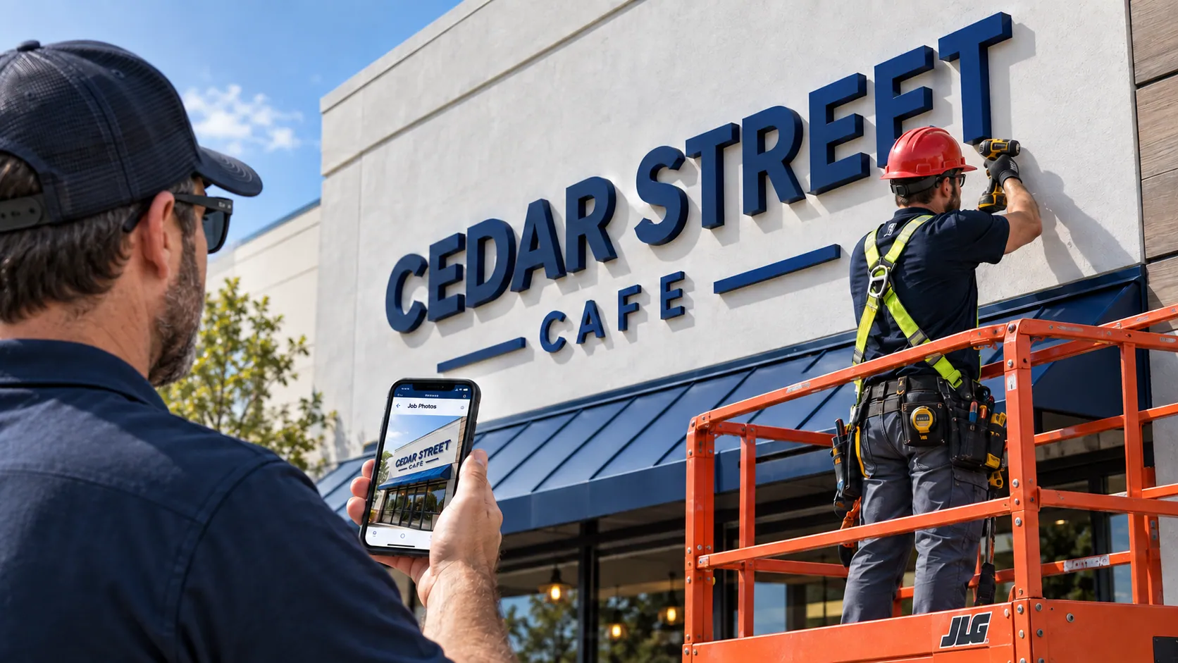 Field installation scene with a crew reviewing sign work and job photos on a phone