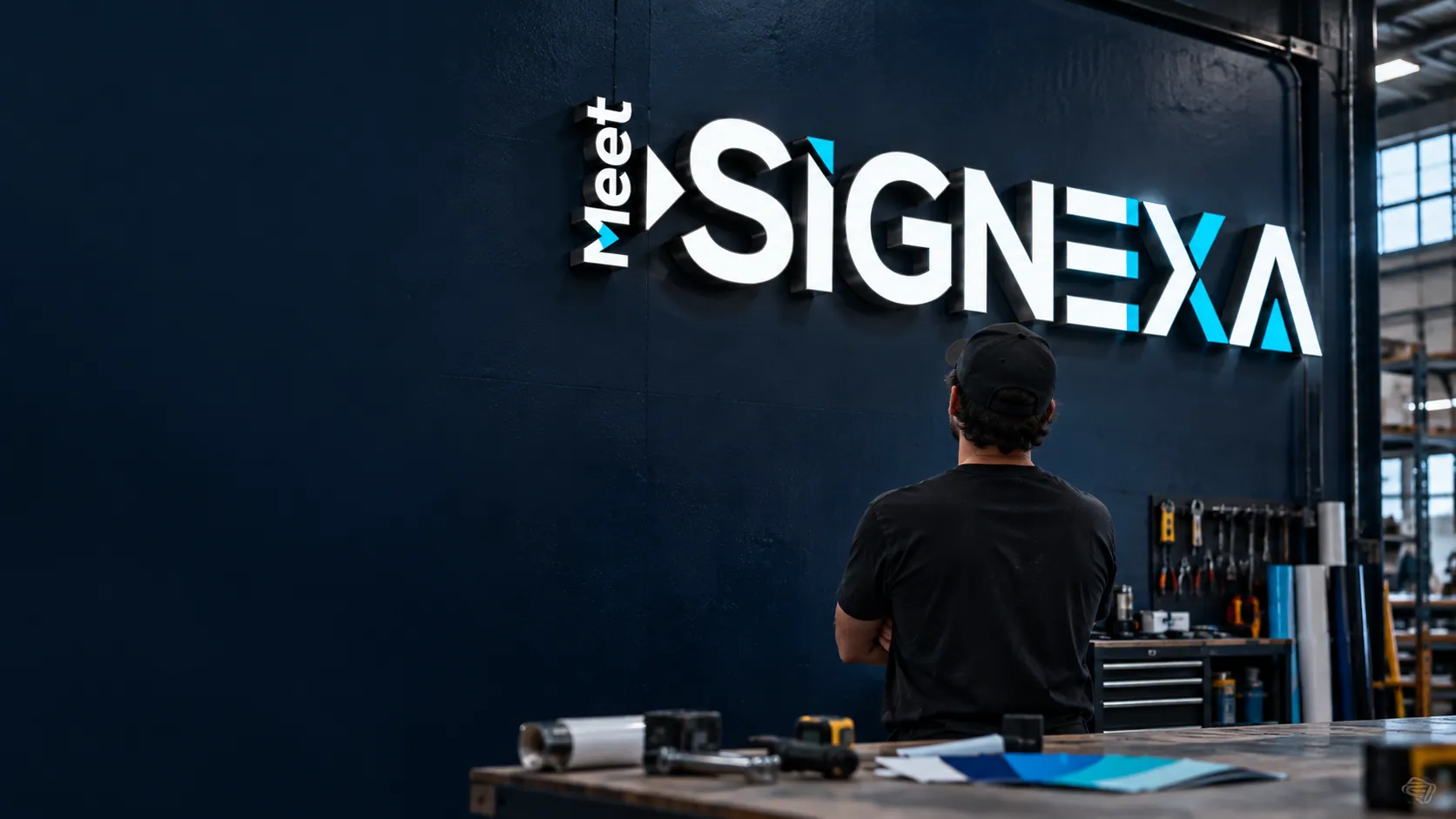 Sign shop scene with a worker at the fabrication bench
