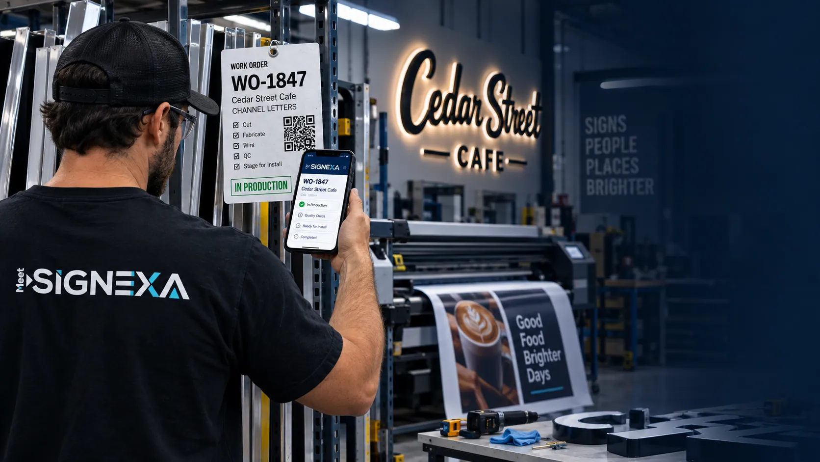 Illustrative sign shop technician scanning a Cedar Street Cafe work order beside production materials.
