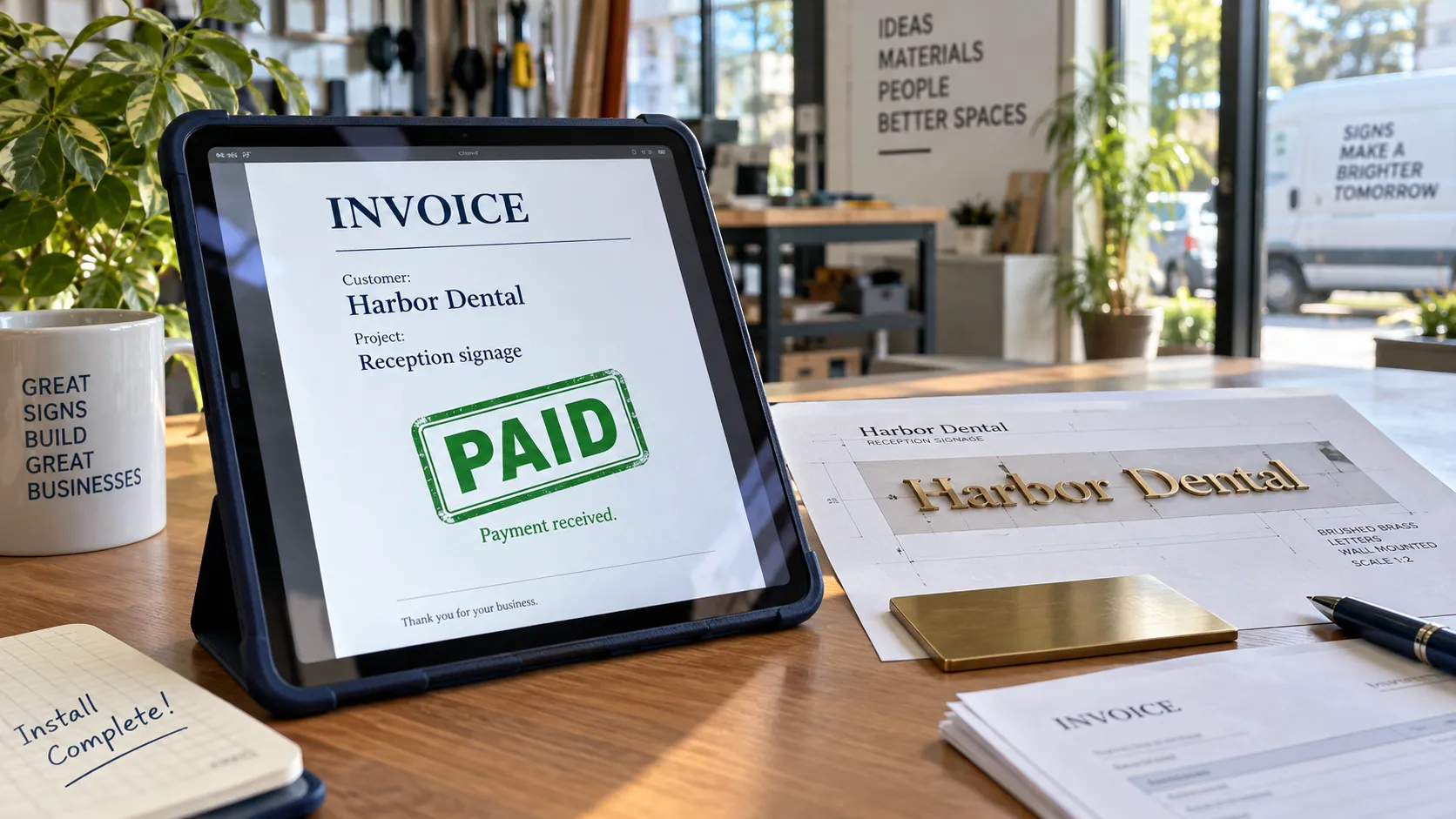 Illustrative sign shop invoice marked paid beside a dimensional-letter proof.