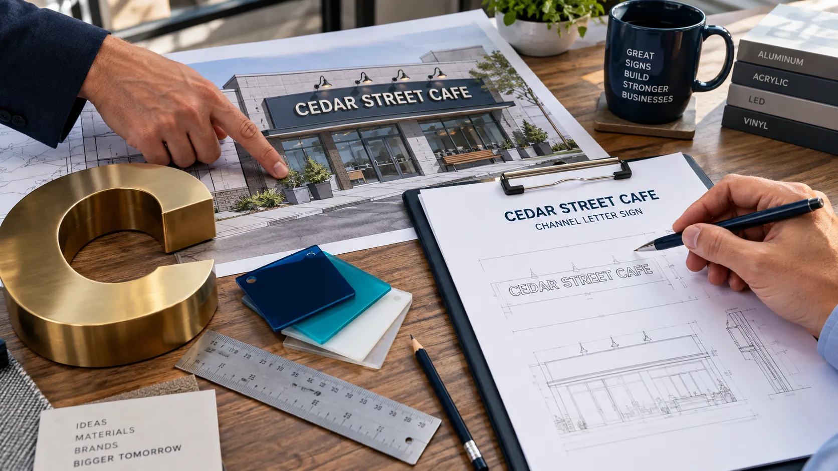 Illustrative sign shop estimate review with a Cedar Street Cafe channel-letter plan.