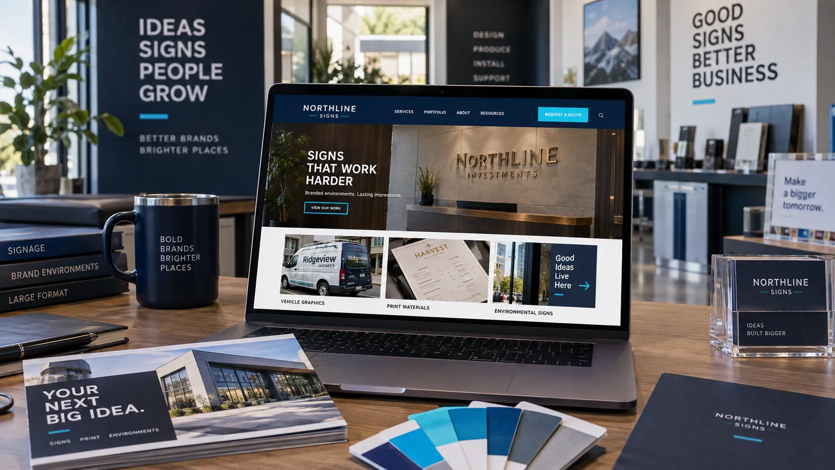 Illustrative sign shop website portfolio and visibility report on a laptop.