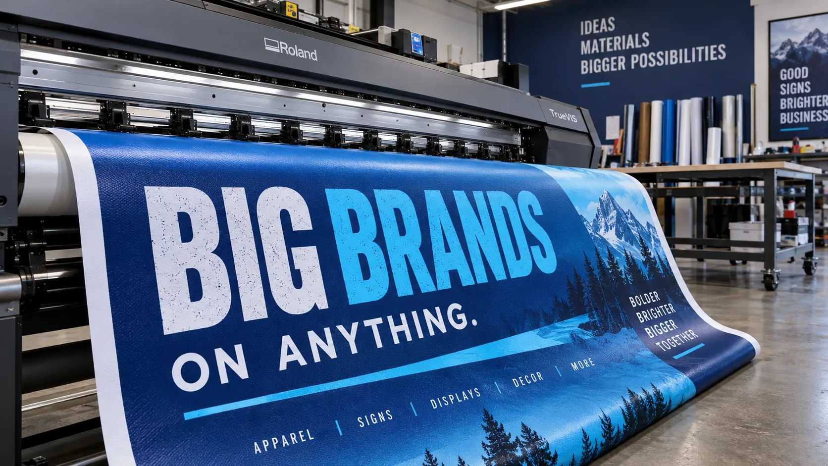 Illustrative wide-format printer producing a large commercial graphic in a sign shop.