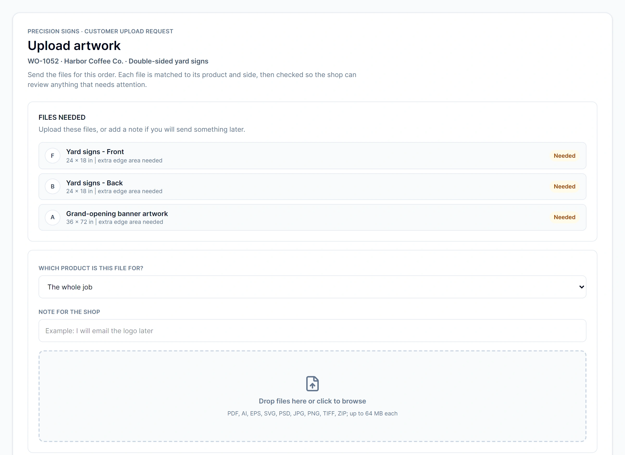Customer artwork request with order details, front and back file requirements, and the upload area before files arrive