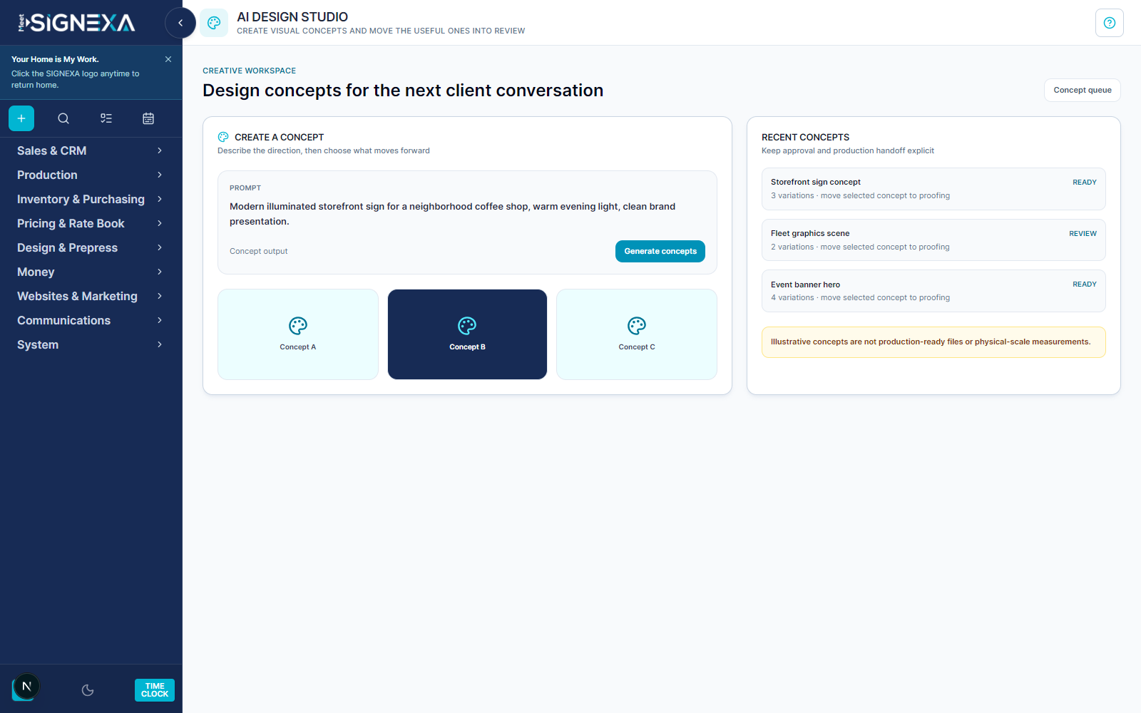 Meet SIGNEXA AI Design Studio showing a concept prompt, visual variations, and an explicit proofing handoff