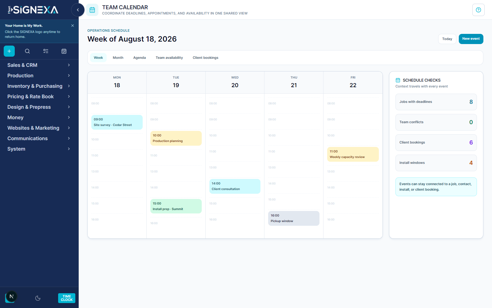 Meet SIGNEXA Team Calendar showing production deadlines, client appointments, install windows, and schedule checks