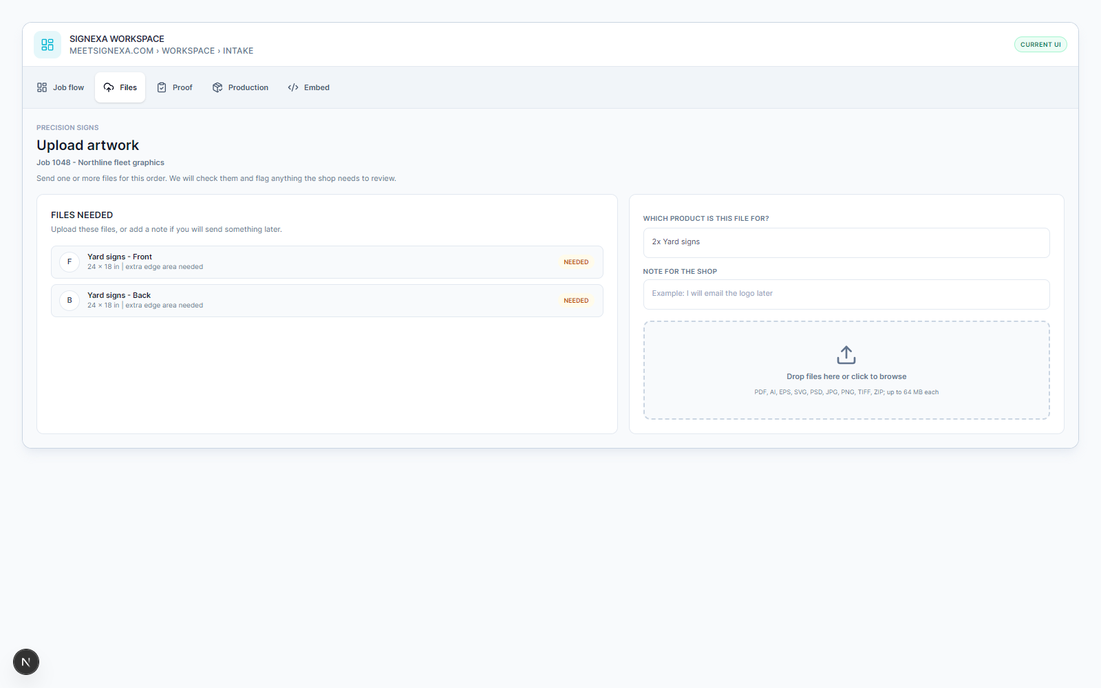 Meet SIGNEXA customer file intake interface showing order-aware upload slots and preflight review