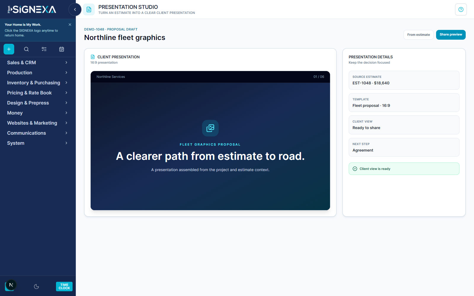 Meet SIGNEXA Presentation Studio showing a fleet graphics proposal, estimate context, template, client view, and next agreement step