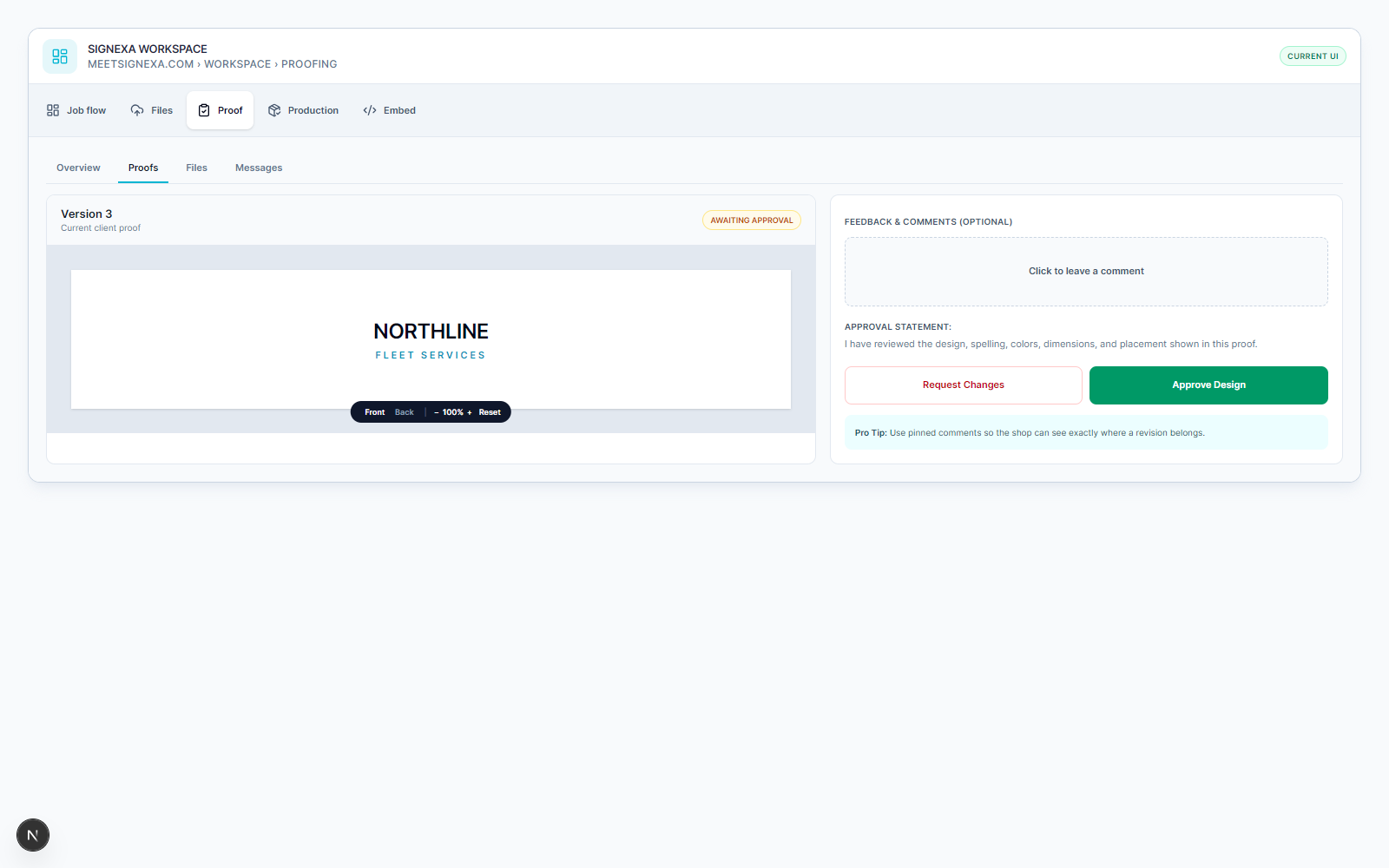 Meet SIGNEXA design proofing interface showing customer review and approval workflow