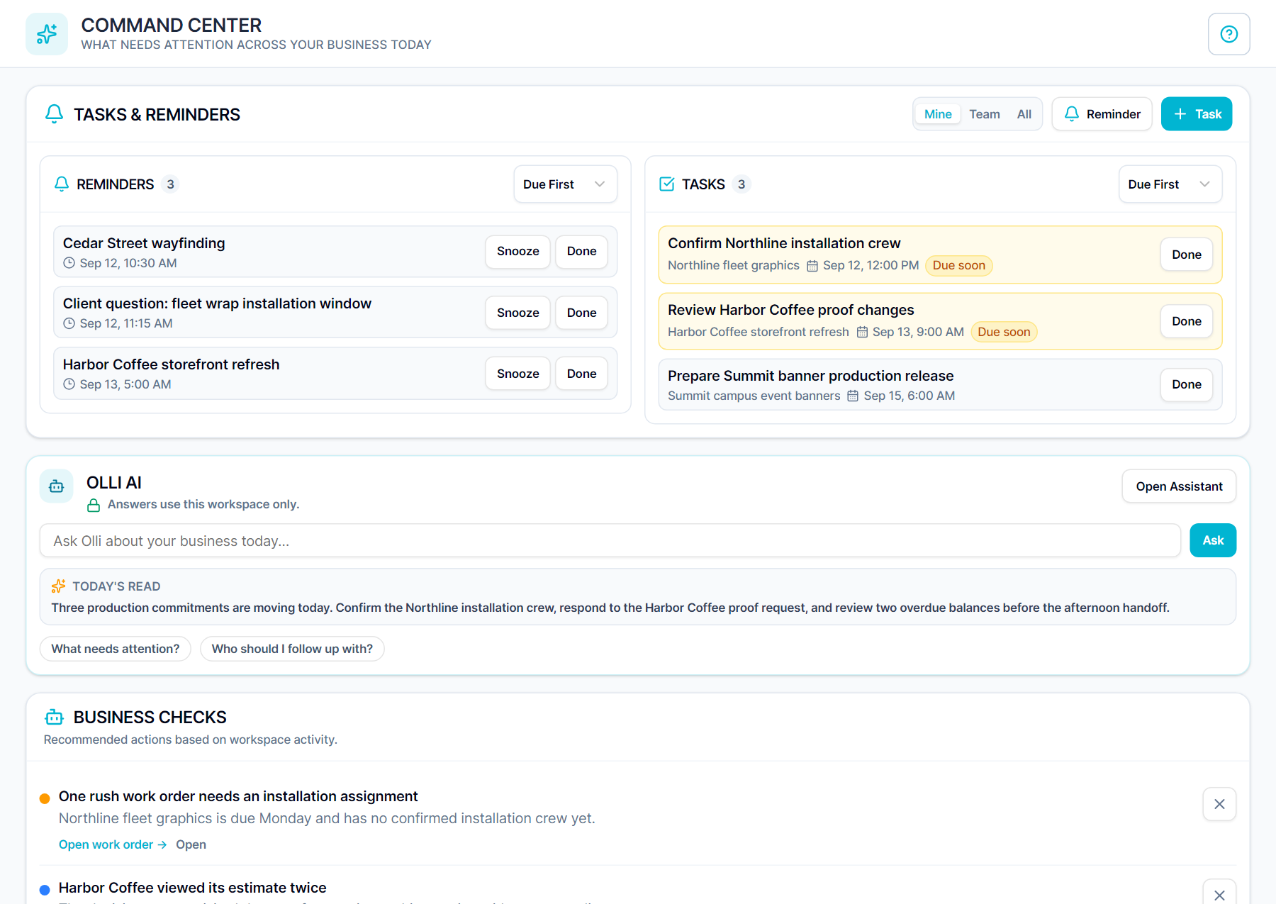 Meet SIGNEXA Command Center showing work priorities, production status, and business checks