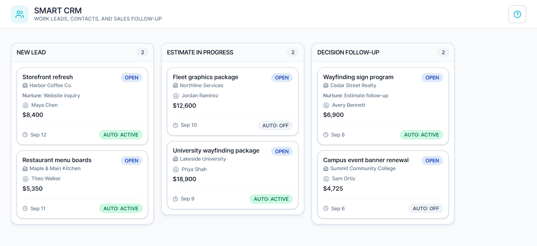 Meet SIGNEXA: A populated sales pipeline with storefront, fleet graphics, and sign projects