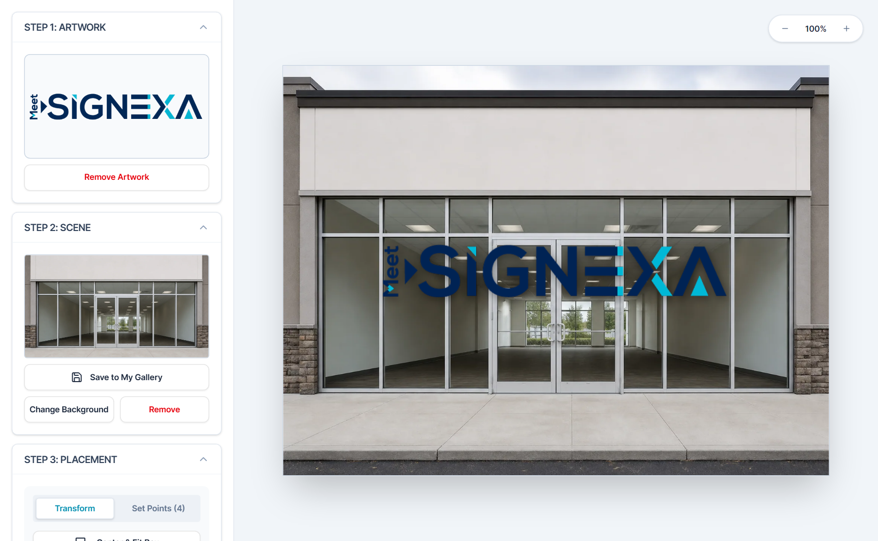 Meet SIGNEXA: Sign artwork positioned on a real scene in the mockup editor