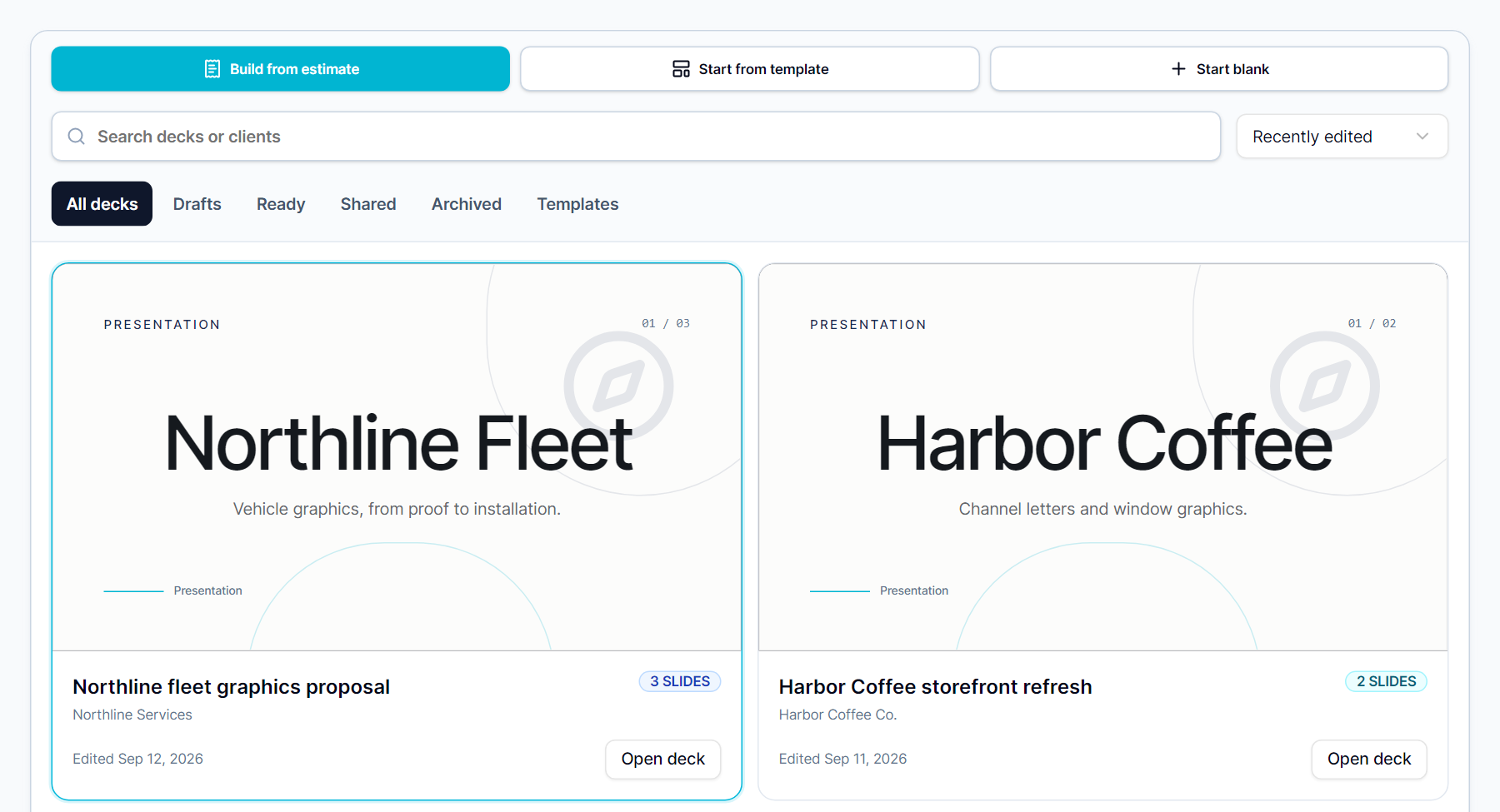 Meet SIGNEXA Presentation Studio with populated client proposal decks