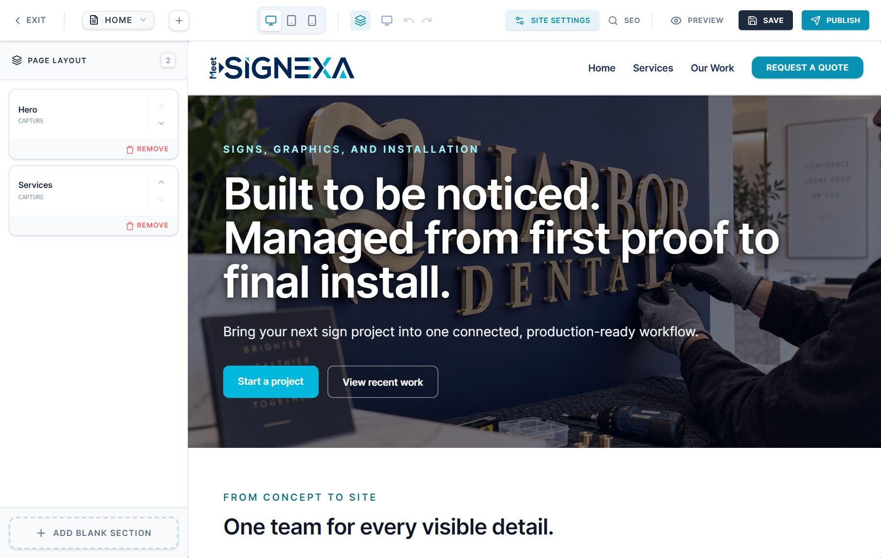 Meet SIGNEXA: Website builder with a populated sign-shop page